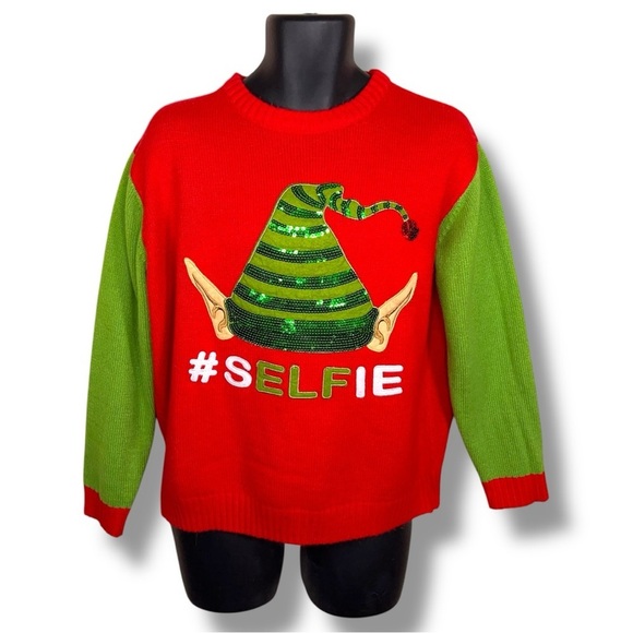 Large Elf Christmas Sweater Mens Ugly Sweater Sequins Long Sleeve Pullover - Picture 1 of 12